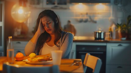 Young woman feeling nausea while seeing food at table in kitchen Toxicosis during pregnancy :...