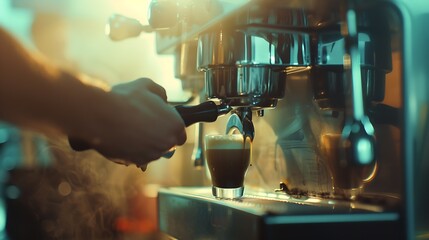 Barista making coffee with coffee Pouring coffee drink Cappuccino maker Morning drinks Latte preparation Hot drinks Cafeteria details Home coffee maker : Generative AI - obrazy, fototapety, plakaty