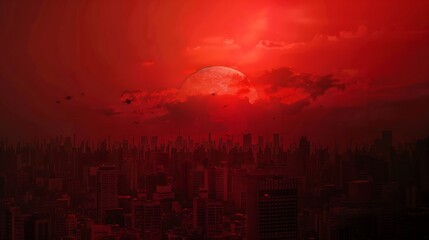 Red sunset over the city Black red abstract background Dramatic sky Dark red horror background Blood red sunset Armageddon : Generative AI - obrazy, fototapety, plakaty