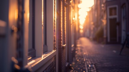 Ancient row of houses in the historic Dutch city of Zutphen during sunset : Generative AI
