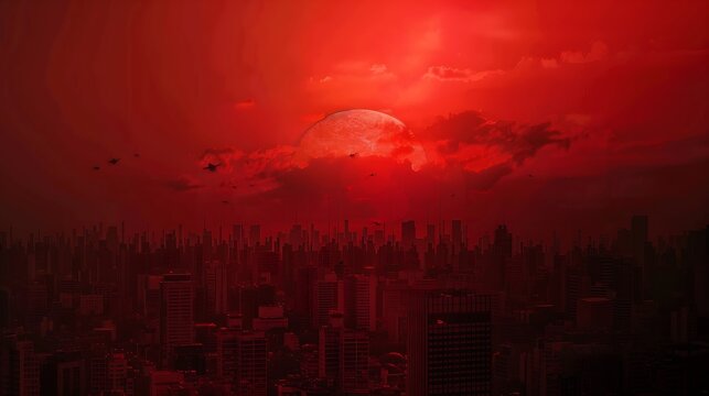 Red sunset over the city Black red abstract background Dramatic sky Dark red horror background Blood red sunset Armageddon : Generative AI