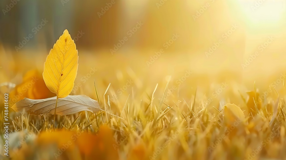 Aufkleber golden beautiful leaf in autumn grass on nature closeup macro with soft focus and blurred background