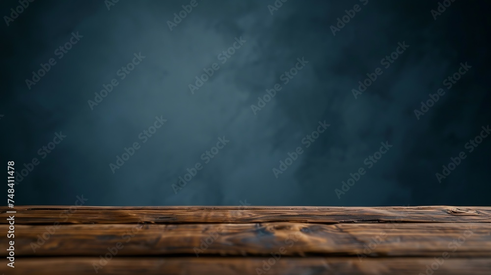 Poster wooden table with dark gray blurred background : generative ai