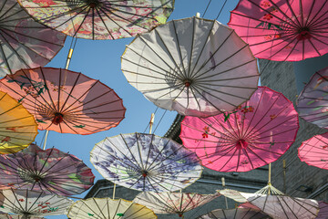 Vibrant colorful Chinese style umbrellas at the umbrella street in Hohhot, China
