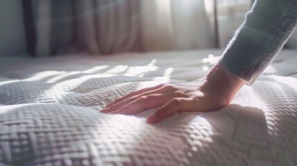 Woman touching soft white mattress on bed indoors closeup : Generative AI