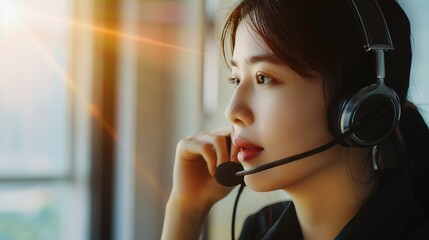 Telesales agent wear wireless headset microphone consult customer support service on phone call center concept business woman operator receptionist telephone assistant representative c : Generative AI