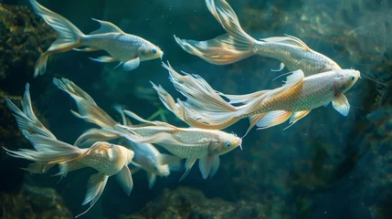 Foto op Canvas A pod of fabulously finned fish swims gracefully through the water their long flowing fins resembling the wings of a dragon in flight. Their sleek bodies and shimmering scales © Justlight