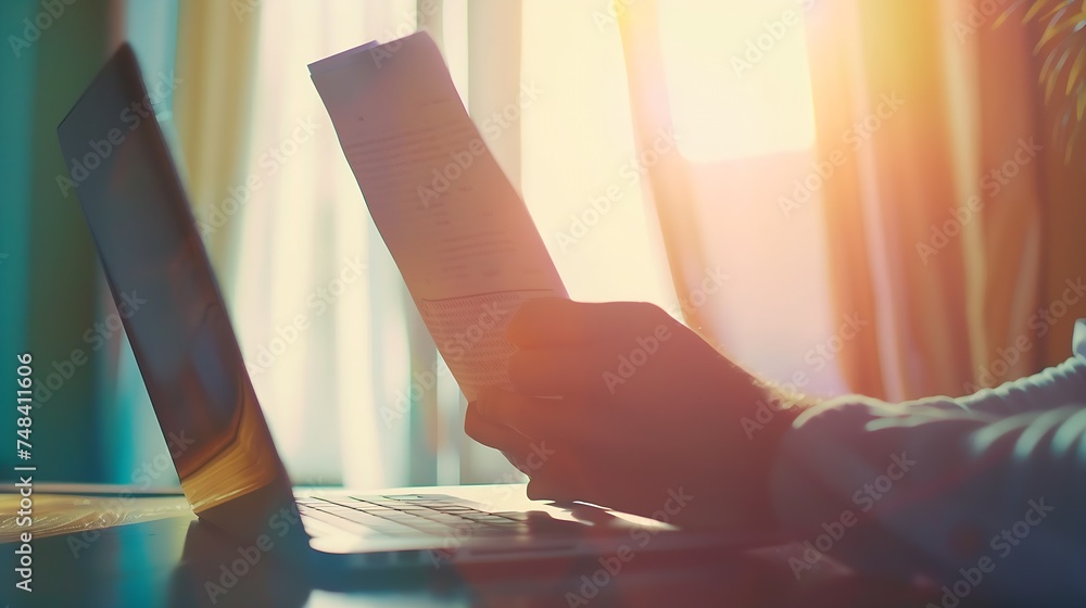 Poster entrepreneur working with a laptop and holding a document in a little office or home : generative ai