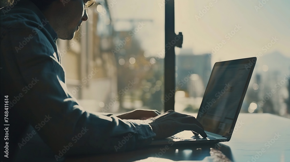 Poster Happy casual entrepreneur working on line typing with a laptop at office with a window in the background : Generative AI