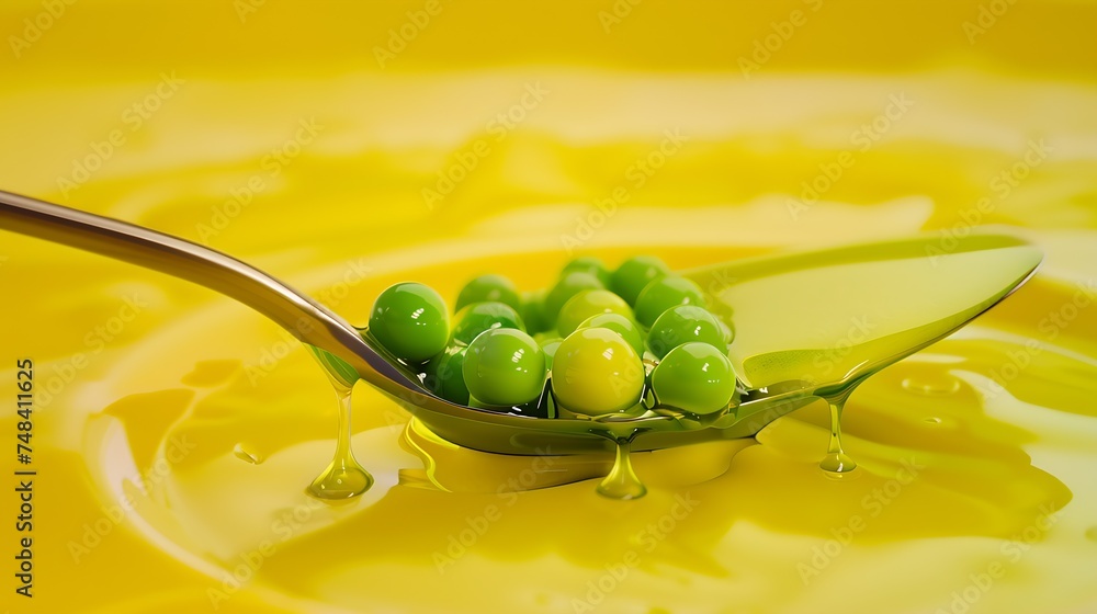 Poster spoon with a slide of green peas on a yellow plate closeup macro fresh tasty green peas on a yellow 