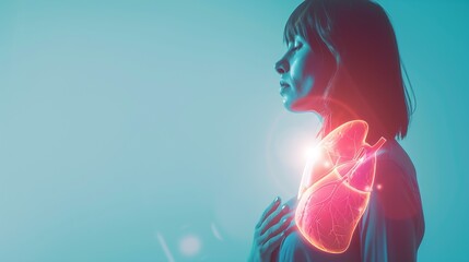 Sick woman suffering from pain and illustration of unhealthy liver on light blue background Viral hepatitis : Generative AI - obrazy, fototapety, plakaty