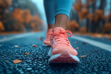 Close-up of a person's shoe while walking. Suitable for accompanying articles about the walking benefits, articles recommending places to walk for exercise, posting pictures with quotes about walking - obrazy, fototapety, plakaty