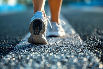 Close-up of a person's shoe while walking. Suitable for accompanying articles about the walking benefits, articles recommending places to walk for exercise, posting pictures with quotes about walking - obrazy, fototapety, plakaty