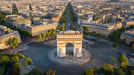 Panoramic aerial view of Arch of Triumph Paris Champs Elyses France : Generative AI - obrazy, fototapety, plakaty
