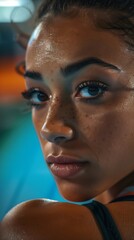 Close-Up Portrait of Young Female Gymnast with Glowing Skin and Determination
