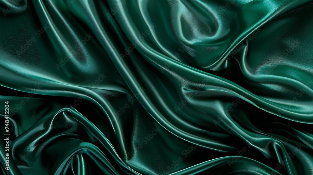 Poster Dark emerald green silk satin Smooth silky fabric Luxury background with space for design Flat lay top view table Christmas : Generative AI