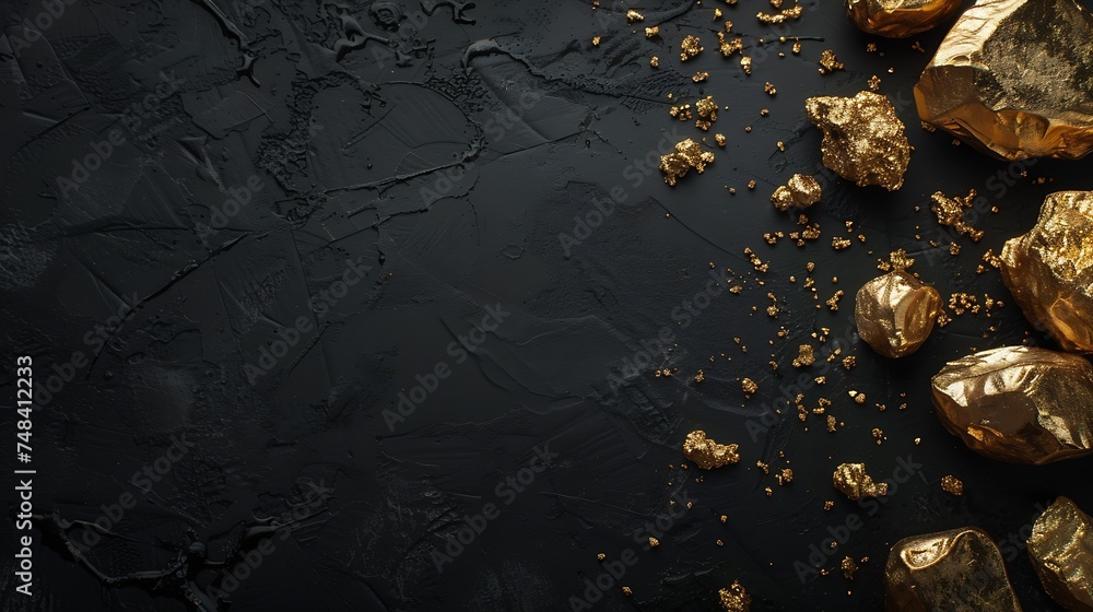 Poster gold nuggets and ingots on black table flat lay space for text : generative ai