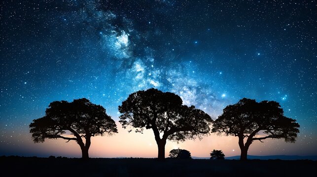 Silhouette of Daed trees and Milky Way at night sky Long exposure photograph : Generative AI