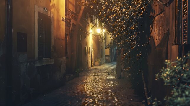 Night cozy old street in Trastevere in Rome Italy Trastevere is rione of Rome on west bank of Tiber in Rome Architecture and landmark of Rome : Generative AI - Powered by Adobe