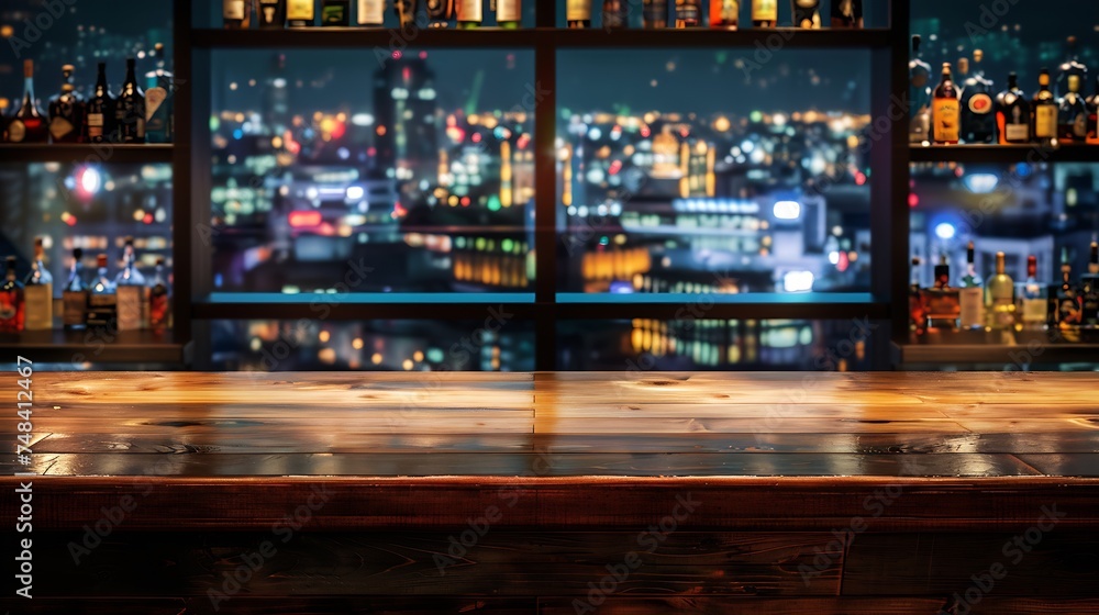 Poster Background image of a wooden bar counter by the window in a pub in front of abstract blurred lights of the night city : Generative AI