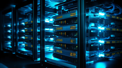 Connection network in servers data center room storage systems Big Data centers and network devices in high-performance operation - obrazy, fototapety, plakaty