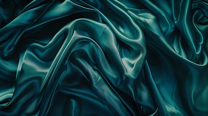 Blue green silk satin fabric Teal color elegant background Liquid wave or silk wavy folds Beautiful dark turquoise background with copy space for your design : Generative AI - obrazy, fototapety, plakaty