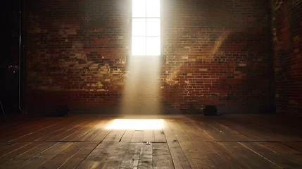 Zelfklevend Fotobehang Muziekwinkel lighting on stage with brick wall and floor wood : Generative AI