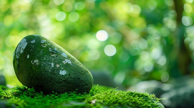 A stone covered with green moss in the forest Wide banner with copy space for your design Empty space for the product Panoramic Website header Natural cosmetics concept : Generative AI