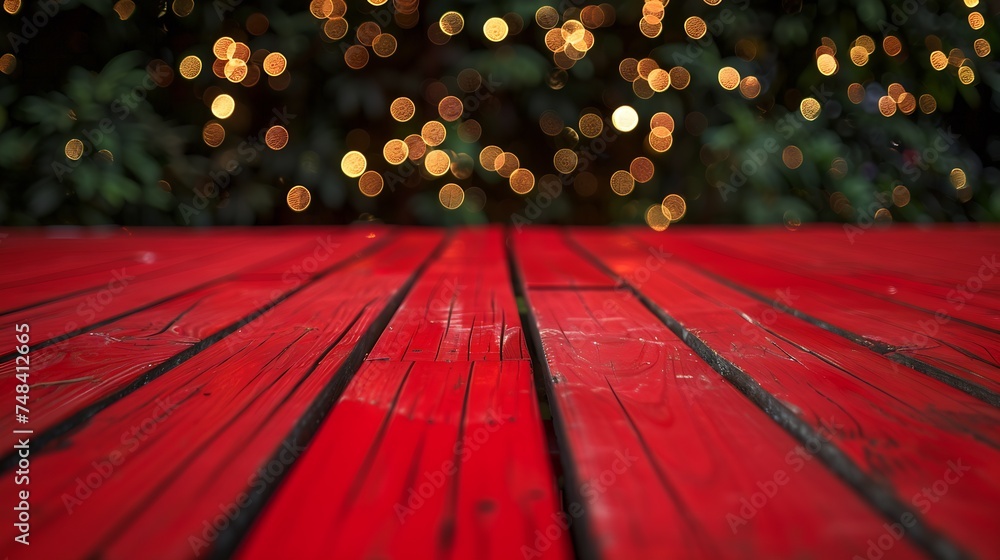 Poster empty red wooden floor or wooden terrace with abstract night light bokeh of night festival in garden