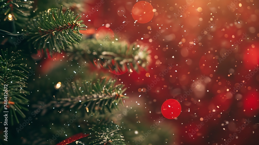 Aufkleber beautiful green elegantly decorated christmas tree on an evening dark red background with flying sno