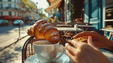 Hand reaching for fresh baked croissant at sidewalk cafe in Paris : Generative AI - obrazy, fototapety, plakaty