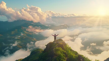 Man traveler on mountain summit enjoying nature view with hands raised over clouds Sport travel business and success leadership and achievement concept : Generative AI - obrazy, fototapety, plakaty