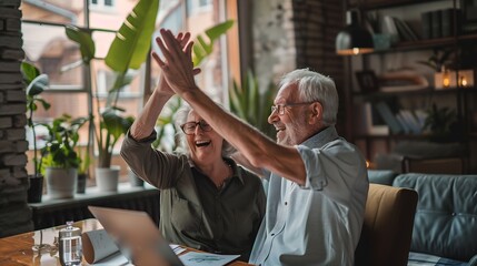 Excited older couple giving high five mature family celebrating success checking or paying domestic...