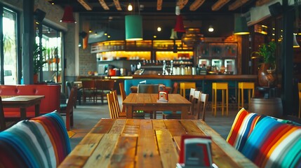 Halflighted hall in a loft style in a mexican restaurant with open kitchen on the background In front of the kitchen there are wooden tables with multicolored chairs and sofas On the s : Generative AI