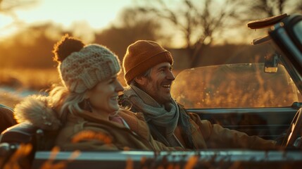 Golden Hours Road Trip: Embracing life's journey with joyful hearts. Couples enjoy a road trip during the enchanting golden hours