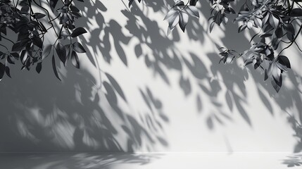Gray shadows of leaves plants on the wall and sidewalk Tree silhouettes Street outdoor nature Black...