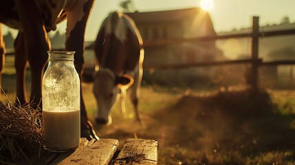 Milk with hay on wooden table and cow grazing in meadow : Generative AI
