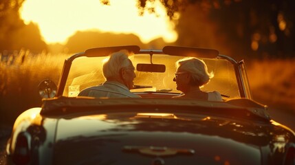 Golden Years on the Road: Elderly Couple's Sunset Drive in a Classic Convertible