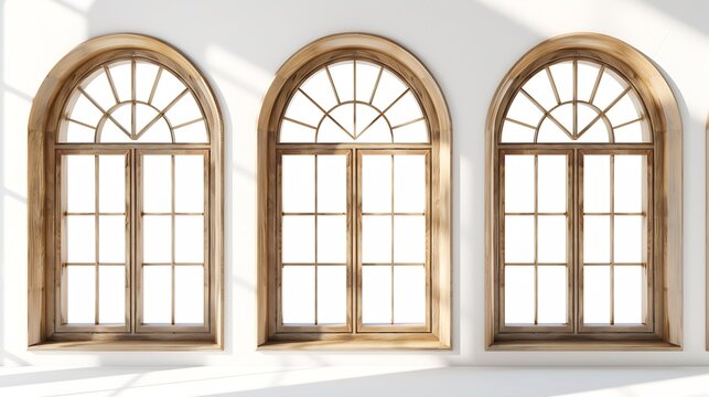Beautiful wooden arch window frames on white background collage Banner design : Generative AI