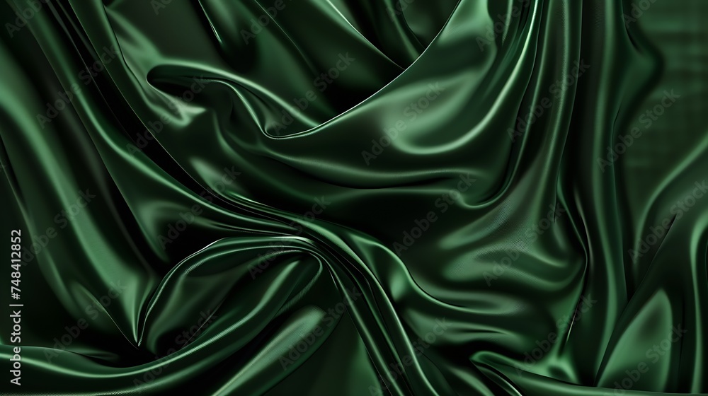 Aufkleber dark green silk satin shiny silky surface of the fabric wavy folds elegant background with space for