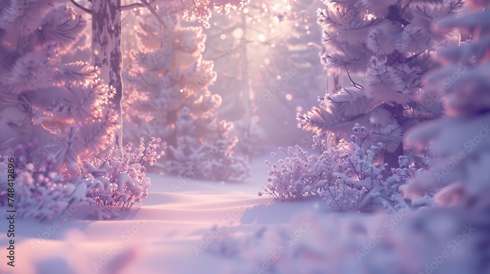 Poster beautiful fairy winter trees and fir trees glow in the snowcovered forest park in the snow in the su