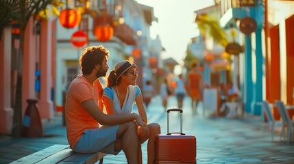 Side view of a couple of 2 tourists with a suitcase sitting relaxing and enjoying vacations in a colorful promenade Tourism concept : Generative AI