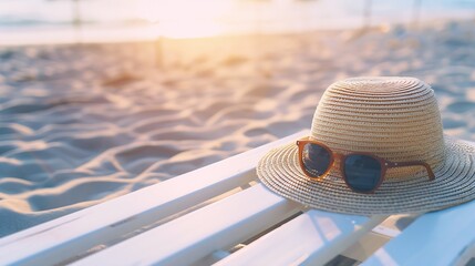 Hat and sunglasses lie on a white wooden lounger on a sandy beach in rays of sunlight Concept of beach vacations place template for text : Generative AI - obrazy, fototapety, plakaty