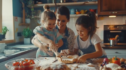 Overjoyed young family with little preschooler kids have fun cooking baking pastry or pie at home together happy smiling parents enjoy weekend play with small children doing bakery coo : Generative AI - obrazy, fototapety, plakaty