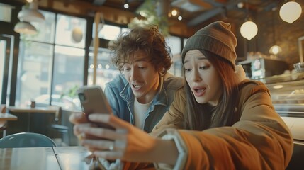 Surprised couple meeting in a coffee shop watching media content in a smart phone : Generative AI