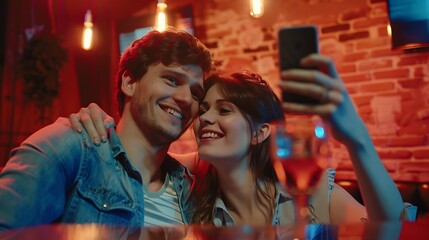 Happy couple taking selfie with smart mobile phone at burger pub restaurant Young people having lunch break at cafe bar venue Life style concept with guy and girl hanging out on weeken : Generative AI