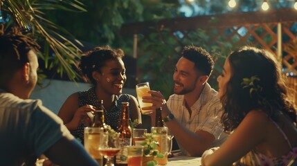 Obraz premium Happy mixed race family having dinner together outdoor Young people having fun on the terrace drinking beers and chatting Multicultural friends celebrating backyard home party Friendsh : Generative AI