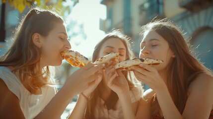 Three young female friends eating pizza sitting outside Happy women enjoying street food in the city Italian food culture and european holidays concept : Generative AI - obrazy, fototapety, plakaty