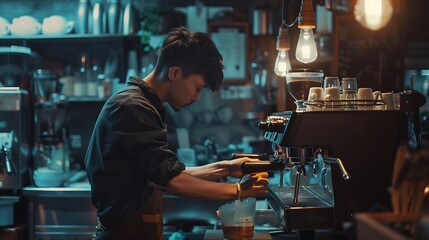 Cropped shot of a barista making coffee Seen from a side view in the restaurant Barista and coffee making concept : Generative AI