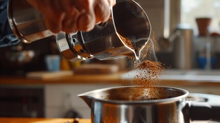 Man preparing classic Italian coffee in the mocha in the kitchen filling funnel of a moka pot with ground coffee Coffee brake Morning habit : Generative AI - obrazy, fototapety, plakaty